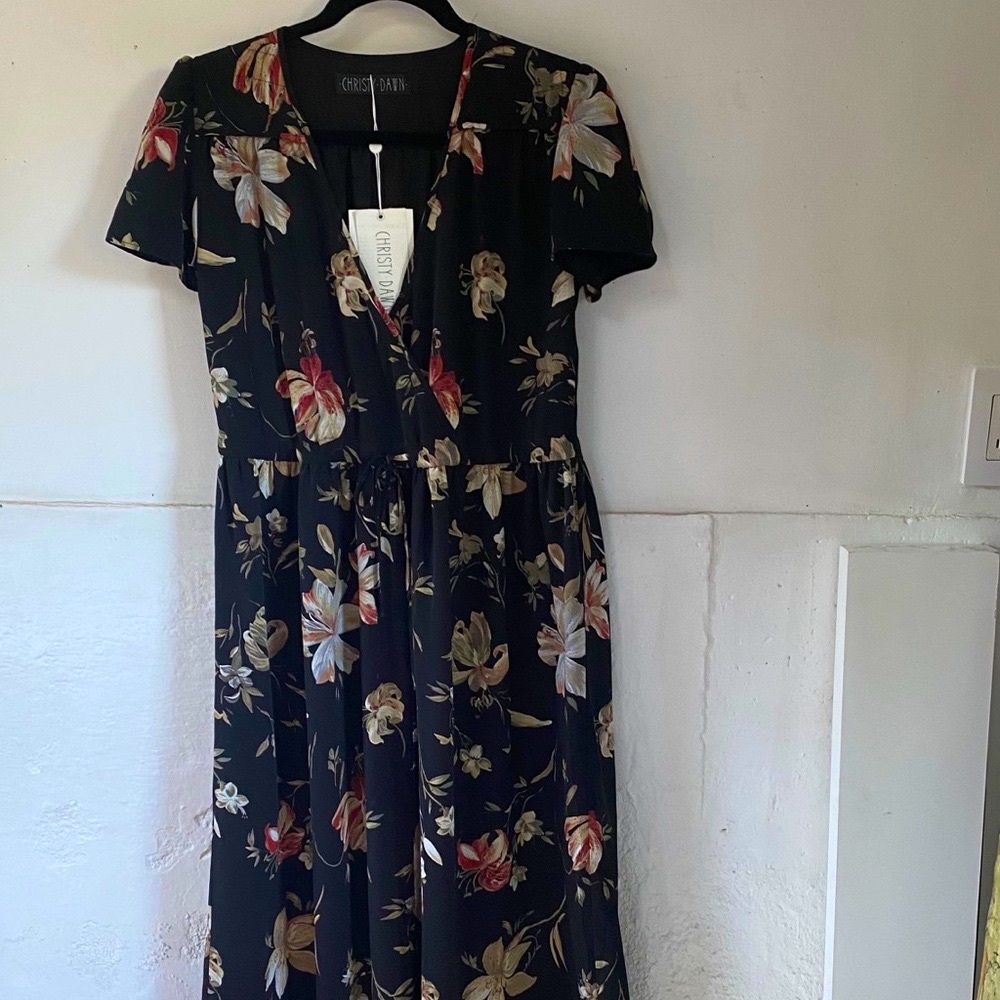 Christy Dawn Black Floral Wrap Mini Dress with Cream and Red Blooms